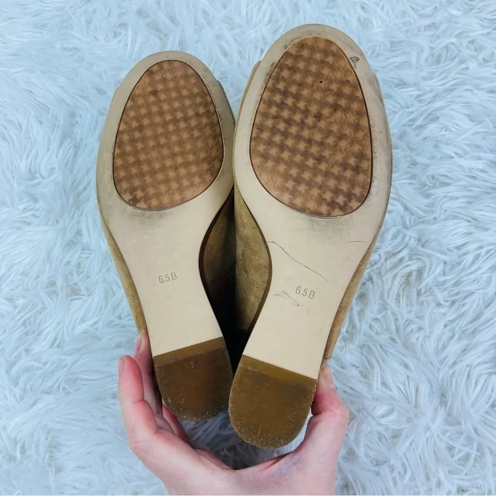LAUREN RALPH LAUREN tan camel 100% sheep leather open toe suede wedge heels 6.5